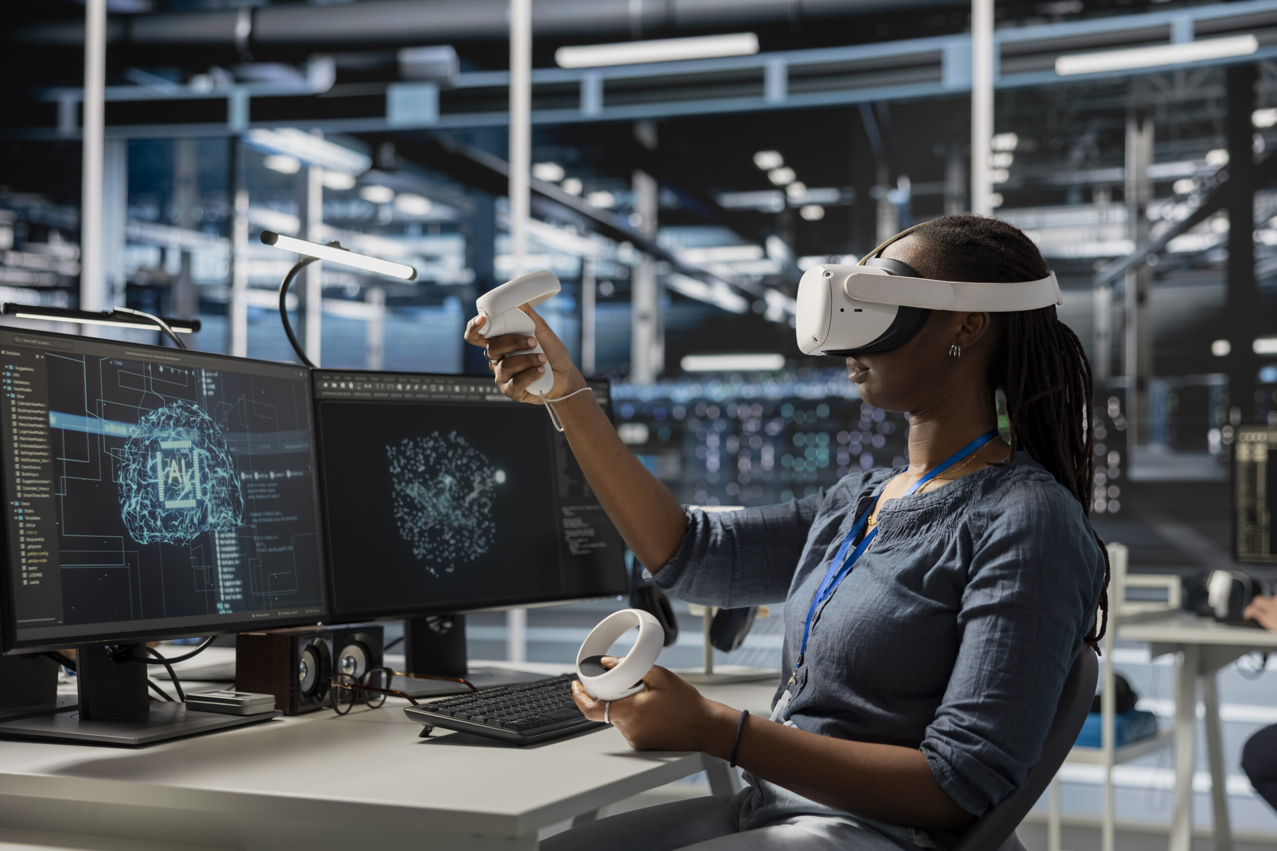 Programmer in data center wearing VR headset using AI powered tech to run simulations. IT expert using virtual reality, coding algorithms to extract insights from data and automate rigs