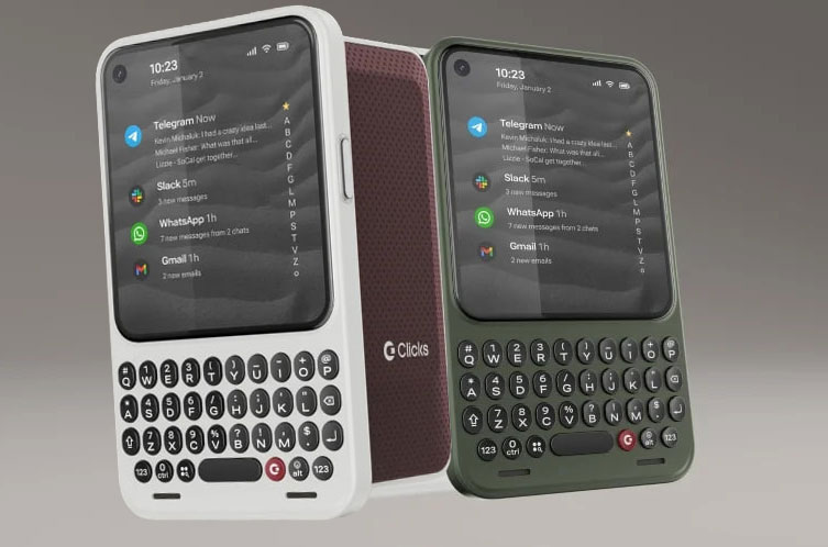 Clicks Communicator phone showing physical keyboard and compact display