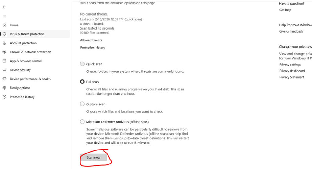 Running full scan in Windows Security Microsoft Defender to remove malware